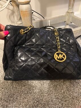 Michael Kors Black Quilted Leather Shoulder Bag with Gold MK Charm